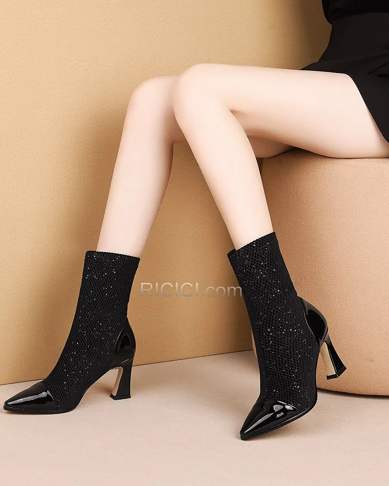 2019 Bottes Chaussettes Talons Carrés Paillette Tulle 8 cm Talons Hauts Noir Bottines