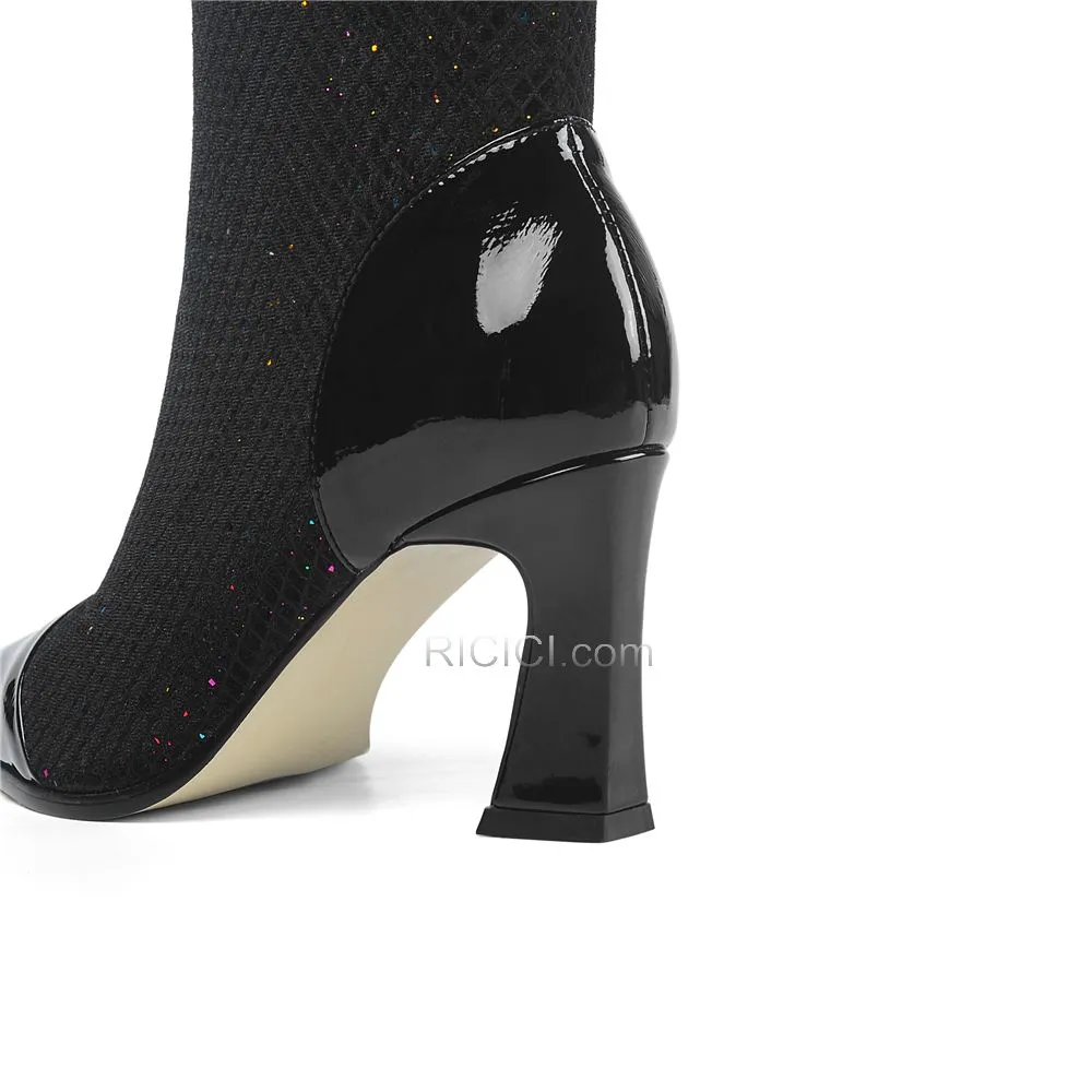 2019 Bottes Chaussettes Talons Carrés Paillette Tulle 8 cm Talons Hauts Noir Bottines