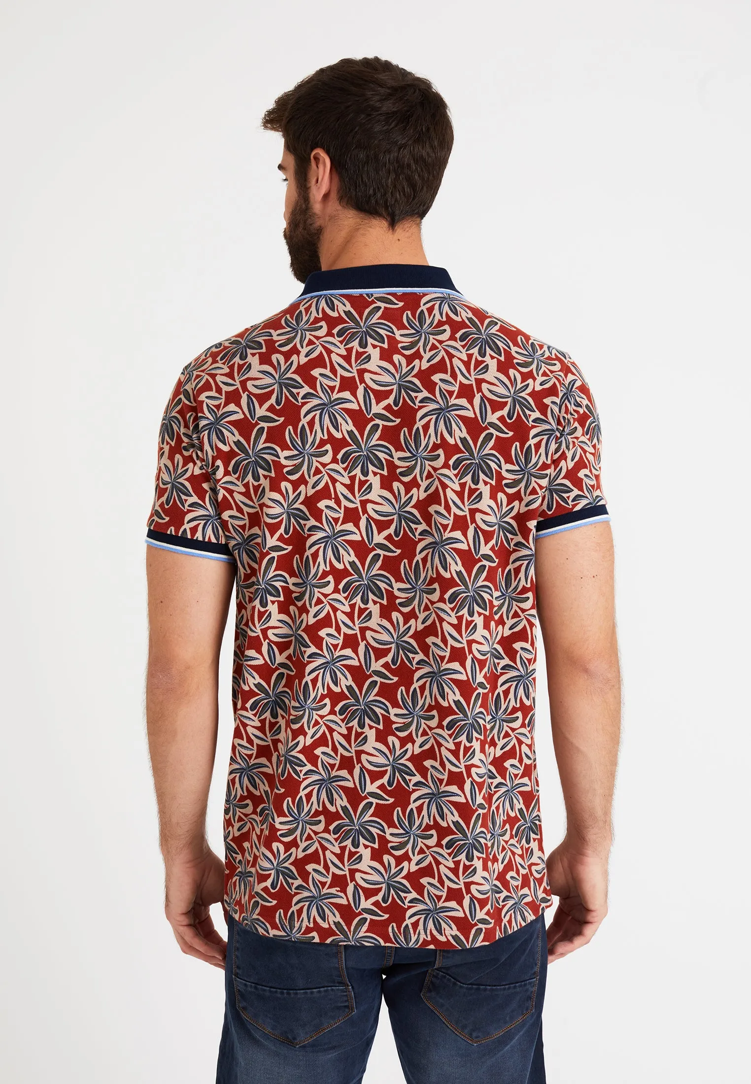 Polo homme brique, col bleue marine, imprimé floral