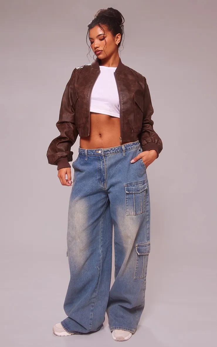 Veste bomber courte en PU chocolat effet vintage